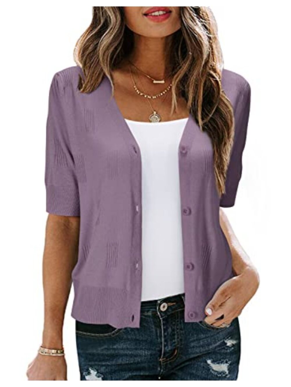 V-Neck Cropped Cardigan Button Down Puff Sleeve Bolero Shrug Summer Knit